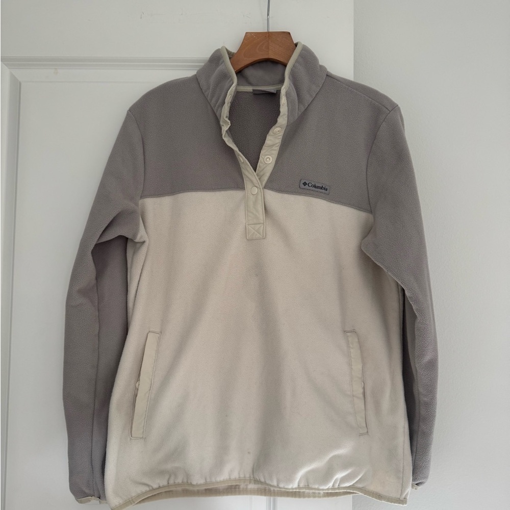 Columbia Women's Half Snap Pullover fleece grey cream color combo sweater top XL